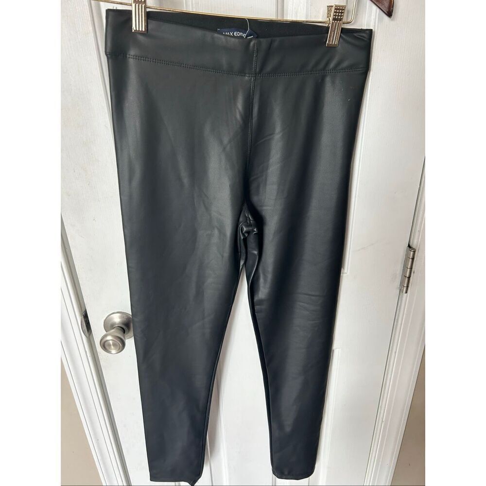 MAX Edition Women S Faux Leather Leggings Dark Black Pull-On Stretch fleece line